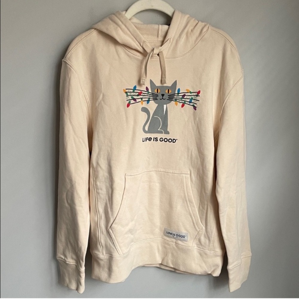 New Life Is Good Cream Hoodie with Christmas Holiday Cat Design Size
Medium